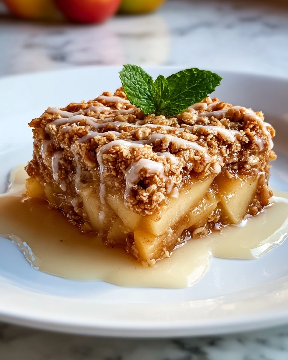 A close-up view of a thick slice of apple crumble cake on a white plate with dark lines. The bottom layer is a dense, light-brown cake filled with small soft apple chunks. Above the cake is a thick layer of cooked apple pieces mixed with a glossy, light cinnamon sauce. The top layer is a crumbly, golden brown mixture with oats and raisins, sprinkled unevenly over the apple sauce. On the top edge, there are two thin slices of fresh apple. The photo is taken on a white marbled surface, with soft natural light highlighting the textures. photo taken with an iphone --ar 4:5 --v 7
