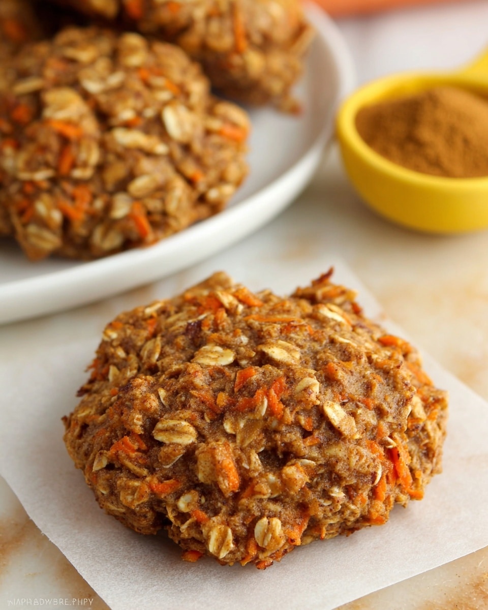 A close-up of a single oatmeal carrot cookie resting on a small square of white parchment paper, showing a rough and chunky texture made from oats and shredded orange carrot pieces mixed in a light brown dough. Behind it, there are more similar cookies stacked on a white plate placed on a white marbled surface. A yellow measuring spoon filled with a brown powder, likely cinnamon, is lying next to the cookie in the foreground. Further in the background, a white bowl with orange carrot slices is visible, all set against a white marbled surface. Photo taken with an iphone --ar 4:5 --v 7