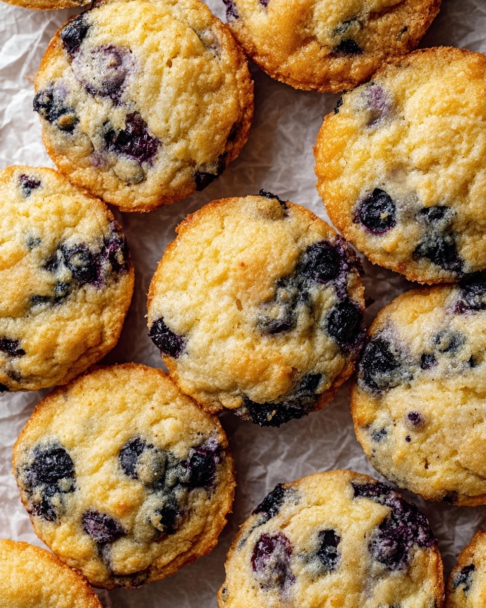 A close-up view of several round blueberry muffins placed closely together on a crinkled white paper, showing their golden brown edges and soft, lumpy tops dotted with dark purple blueberries. The muffins have a slightly uneven texture with some shiny, moist-looking parts mixed with drier, crumbly areas. The light shines evenly, highlighting the contrast between the golden muffin and the deep blueberry patches, all set on a white marbled texture visible around the paper edges photo taken with an iphone --ar 4:5 --v 7