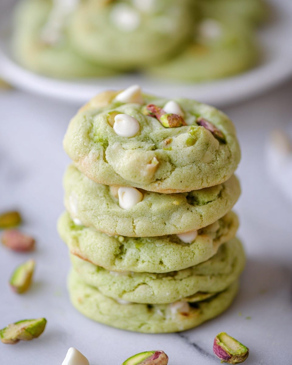 The image shows a grid of soft green cookies with bits of white chocolate chips and pieces of pistachio mixed inside. Each cookie is round and slightly puffed with a smooth top that has small cracks and uneven edges. The green dough gives the cookies a soft, smooth texture with small bumps where the nuts and chips stick out. They are arranged on a black cooling rack placed over a white marbled surface, making the green color stand out nicely. photo taken with an iphone --ar 4:5 --v 7