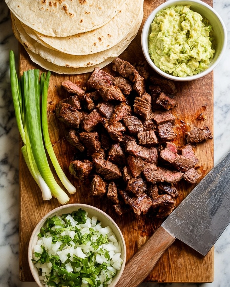 A wooden board holds a pile of chopped grilled steak pieces with a browned outside and pink inside, showing a tender texture. On the left side, there are three cooked green onions placed lengthwise. Above the steak, there are three soft, white corn tortillas stacked together. At the top center, a white bowl filled with creamy light green guacamole is placed. To the right, a white bowl is filled with finely chopped white onion and green cilantro. A large meat cleaver with a wooden handle rests on the right edge of the board. The surface under the board is white marbled. Photo taken with an iphone --ar 4:5 --v 7