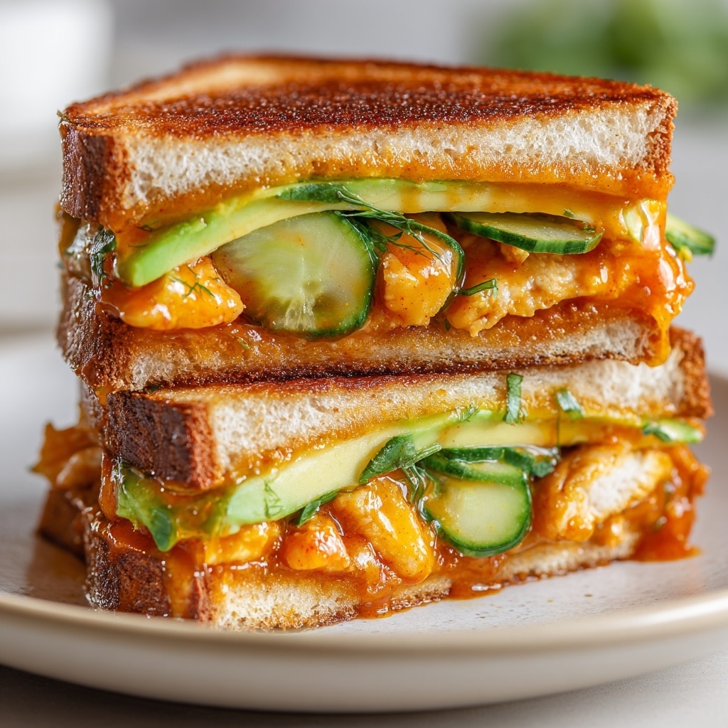 The image shows a grilled sandwich cut into two stacked halves with three visible layers of thick, golden-brown toasted bread. Inside each layer, there are shredded pieces of orange and white chicken mixed with a bright green spread that looks like mashed avocado or guacamole, along with a juicy red sauce. The sandwich also has griddled melted cheese that looks soft and creamy, and small green vegetable slices, possibly cucumber or pickles. The sandwich is placed on a white plate over a white marbled surface, with a blurred bowl and avocado in the background. The photo taken with an iphone --ar 4:5 --v 7