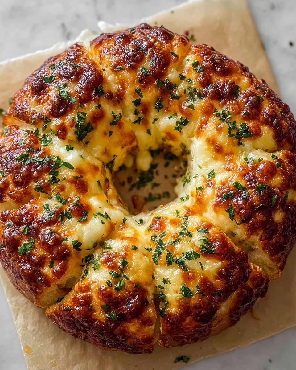 A round, ring-shaped bread with a golden-brown top layer that looks crispy and slightly caramelized, covered with melted cheese in bubbly patches. The cheese is creamy white with some browned spots, and green chopped herbs are sprinkled evenly on top. The bread has deep cuts around its ring, making distinct sections with cheese pulling slightly between them. The whole bread sits on white parchment paper over a white marbled surface. Photo taken with an iphone --ar 4:5 --v 7