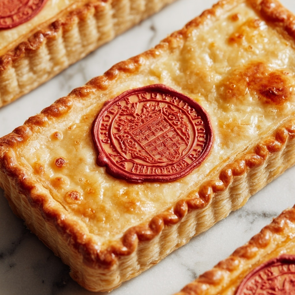 The image shows a close-up of a golden-brown baked pastry, shaped like a rectangle with crimped edges, giving it a textured border. On the top surface of the pastry, there is a bright red wax seal with detailed embossing in the center, featuring an intricate design that looks like a coat of arms or emblem. The pastry has a smooth and slightly shiny texture with some small bubbles and spots from baking, and more red wax seals are visible underneath, partially covered by the pastry. The background is a white marbled surface that adds a clean and bright setting to the photo taken with an iphone --ar 4:5 --v 7