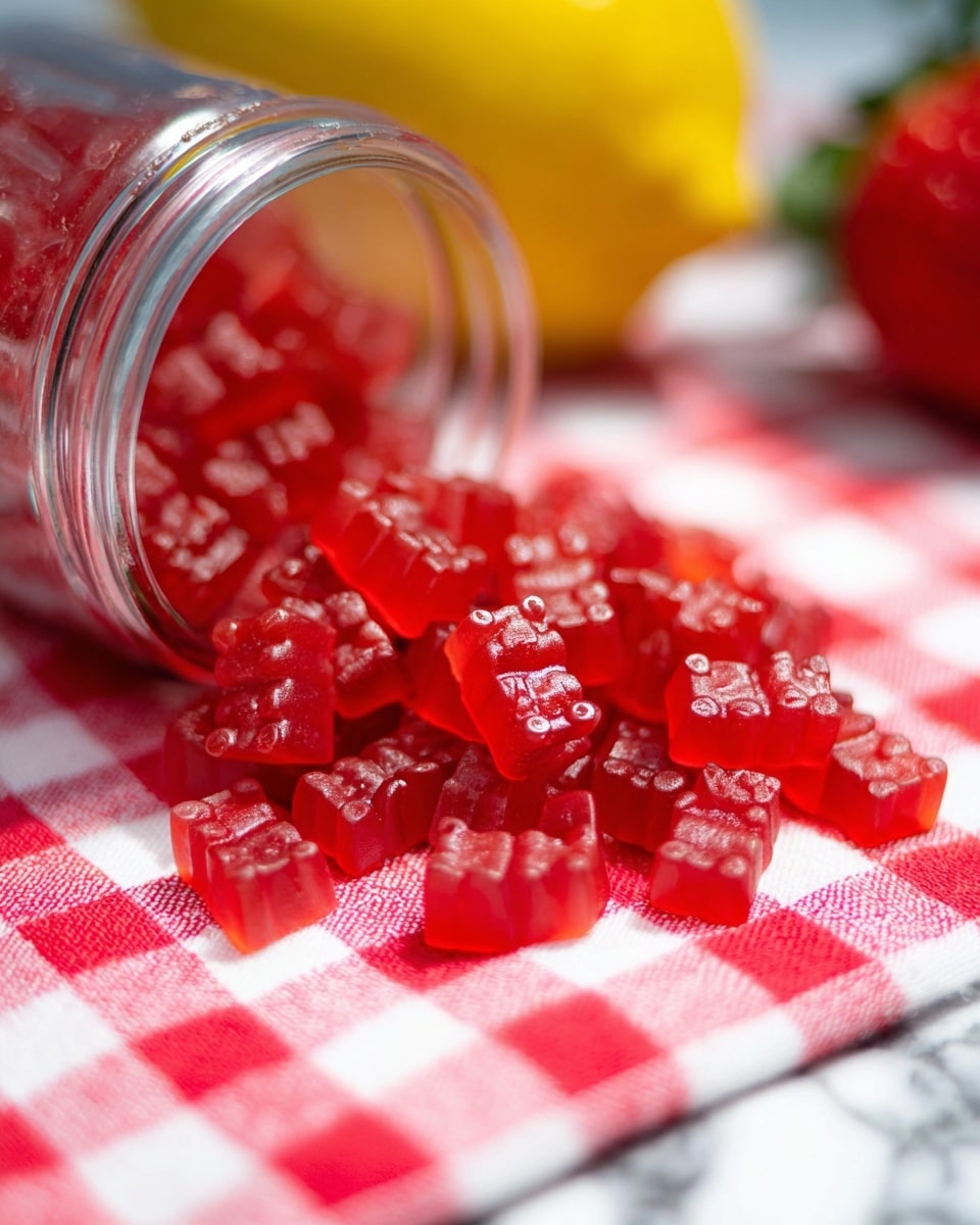 Small red gummy candies shaped like bears are spilling out from a glass jar laying on its side. The gummy bears have a shiny, smooth texture and look slightly translucent. They rest on a white and red striped cloth, placed on a white marbled surface. Around the gummies, there are a few fresh red strawberries that are slightly out of focus. Photo taken with an iphone --ar 4:5 --v 7