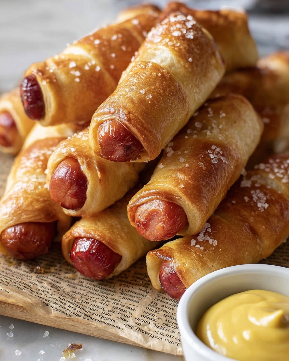 The image shows several golden-brown hot dogs wrapped in soft, light brown dough with a slightly crispy texture on top, sprinkled with coarse salt. Each hot dog has a reddish-brown sausage visible on both ends, with the dough tightly wrapped around the middle. The hot dogs are stacked close together on a piece of printed paper, placed on a white marbled surface. On the right edge, there is a small white bowl filled with smooth, yellow mustard sauce. The scene is well lit, showing warm tones and sharp details. Photo taken with an iphone --ar 4:5 --v 7
