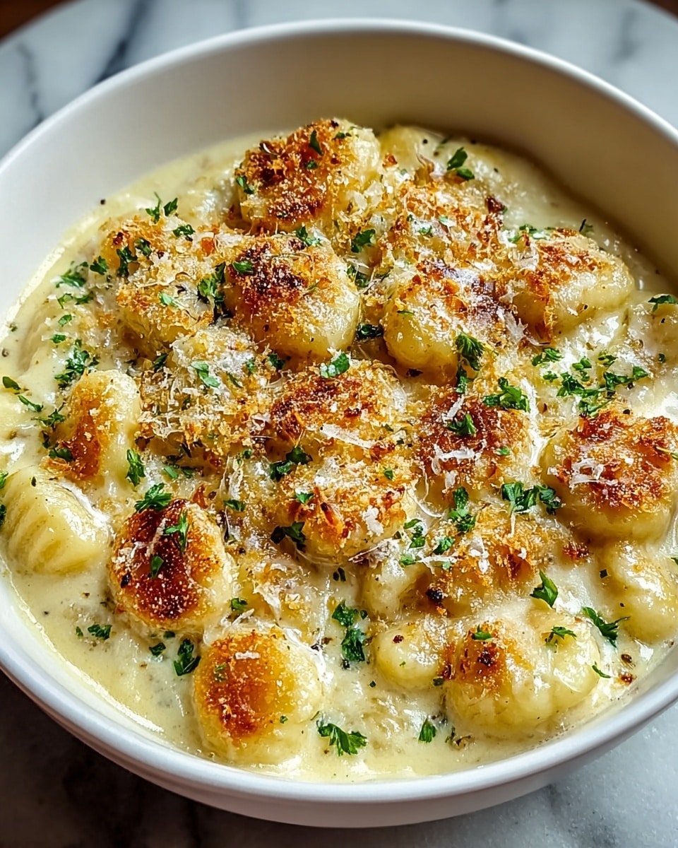 A white bowl filled with soft, small gnocchi covered in a thick, creamy white sauce. On top of the gnocchi are golden brown crispy bits, scattered evenly, adding a crunchy texture. Small green herb pieces are sprinkled over everything, adding a fresh touch. The bowl is placed on a white marbled surface, and the close-up view shows the sauce's smooth texture and the gnocchi's slightly shiny surface. photo taken with an iphone --ar 4:5 --v 7