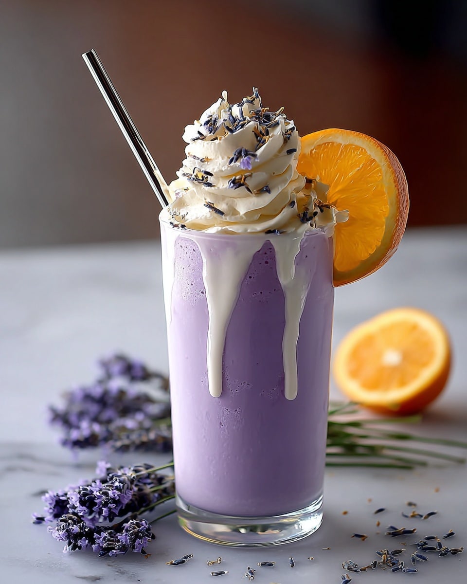 A tall clear glass shows a purple drink filling the bottom three-quarters, topped by a white creamy layer with small yellow pieces inside. Above this is a large swirl of white whipped cream sprinkled with tiny purple flower buds. A white and purple striped straw stands inside the glass, and a bright orange slice decorates the rim on the right side. The glass stands on a white marbled surface with more purple flower buds scattered around. In the blurred background, an orange half and a honey dipper can be seen. Photo taken with an iphone --ar 4:5 --v 7