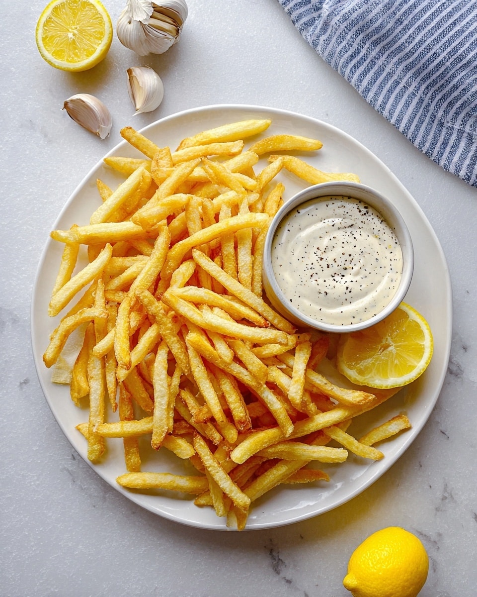 A white round plate holds a large pile of thin, golden-yellow French fries with a crispy texture scattered evenly in the center and left side. On the right side of the plate, there is a small round bowl filled with creamy white sauce, topped with small black specks of pepper. Two bright yellow lemon wedges are placed on the plate, one near the bottom left of the fries and the other resting beside the bowl on the right. The plate sits on a white marbled surface with whole garlic cloves placed near the top left and some more lemon wedges around the bottom and right, with a blue and white striped cloth partially visible at the top right corner. Photo taken with an iphone --ar 4:5 --v 7