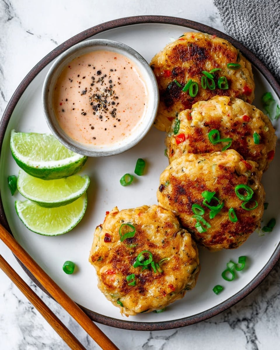The image shows three golden-brown crab cakes arranged in a triangle on a white plate with a thin dark edge. Each cake is topped with chopped green onions and has visible bits of red pepper inside. In the center of the plate, above the crab cakes, is a small bowl filled with a creamy pink dipping sauce sprinkled with black pepper. On the left side of the plate, there are four slices of lime placed in a row. Wooden chopsticks rest on the lower left edge of the plate, which sits on a white marbled surface. photo taken with an iphone --ar 4:5 --v 7