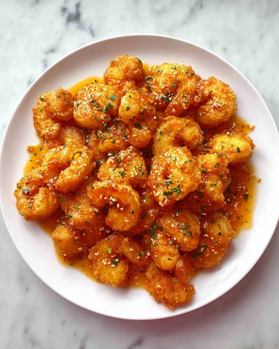 A white plate filled with many pieces of golden fried shrimp coated in a shiny orange sauce, scattered with small green herb pieces on top. The shrimp have a crispy texture and are layered evenly, covering the entire plate. The plate is placed on a white marbled surface. photo taken with an iphone --ar 4:5 --v 7
