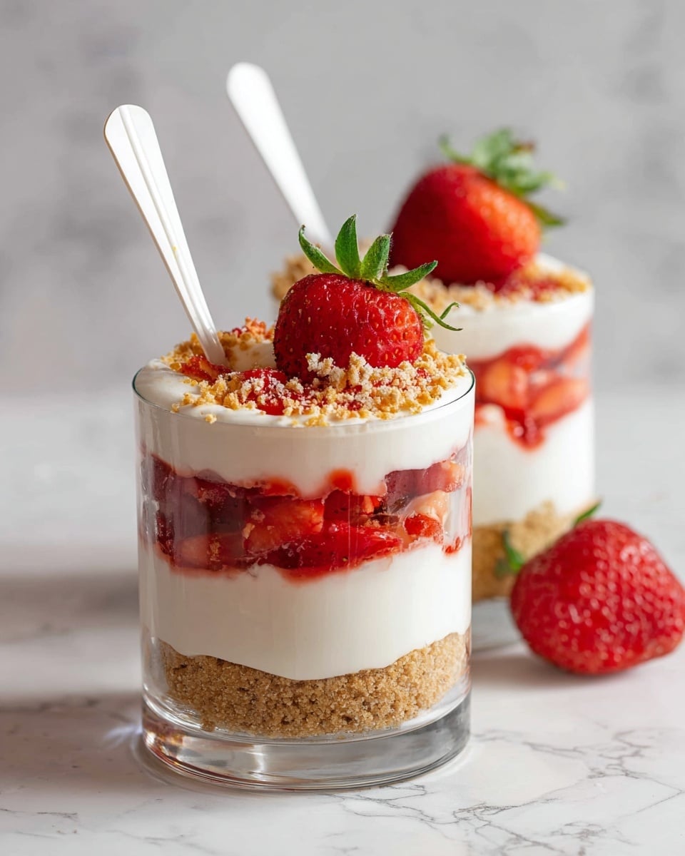 A clear glass jar shows a layered dessert with four main layers: the bottom layer is crumbly light brown biscuit, followed by a thick white cream layer, then another crumbly biscuit layer, topped with chopped bright red strawberries mixed with some biscuit crumbs, and finished with a dollop of white cream just under the strawberries. A white spoon sticks out from the top. The jar is placed on a white round board with a soft peach cloth underneath. In the background, two more jars with similar layers are softly blurred along with a small white bowl of fresh strawberries on a white marbled surface. photo taken with an iphone --ar 4:5 --v 7