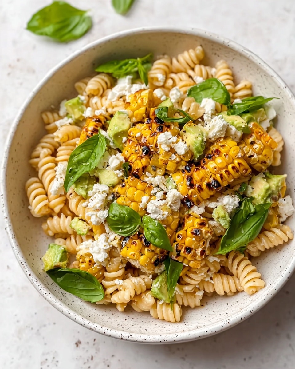 This dish is a close-up view of a pasta salad in a white bowl placed on a white marbled surface. The pasta is spiral-shaped, light beige, and mixed throughout the bowl with several layers of bright yellow grilled corn pieces with dark char marks. There are chunks of fresh light green avocado, some green peas, and small crumbles of white cheese scattered evenly. Fresh bright green basil leaves are placed on top and around the pasta, adding a fresh touch. The textures contrast between creamy cheese, smooth avocado, soft pasta, and slightly crispy grilled corn. photo taken with an iphone --ar 4:5 --v 7