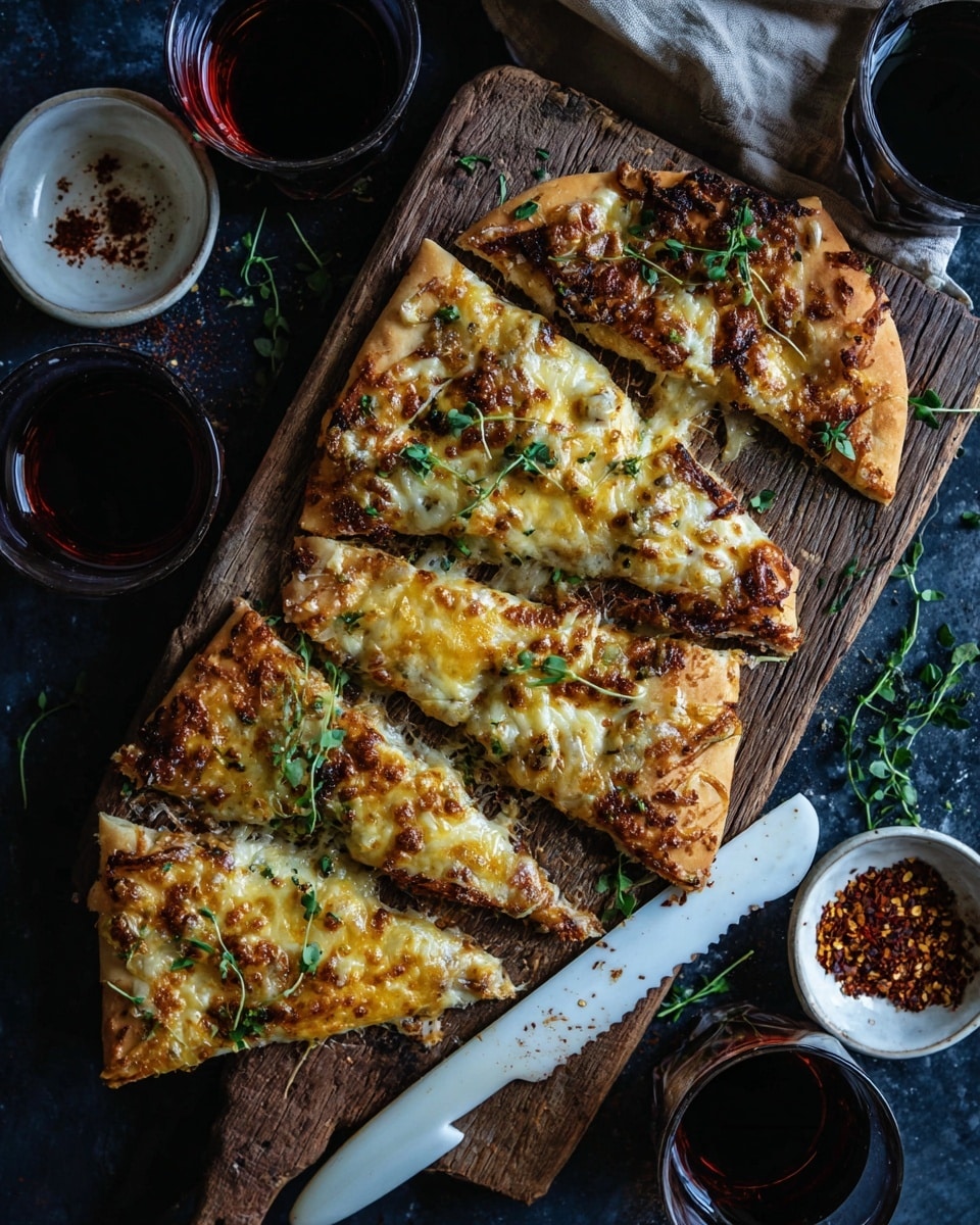 The image shows four triangular slices of cheese pizza on a wooden board. Each slice has a thin, golden-brown crust with melted, lightly browned cheese layers on top. The cheese appears creamy white and orange, melted unevenly, giving a textured look with some bubbly and crispy spots. Small bits of browned toppings are visible mixed with the cheese, scattered across the surface. Fresh green herbs are sprinkled on top, adding a touch of color contrast. The wooden board rests on a white marbled background, making the pizza slices stand out clearly. photo taken with an iphone --ar 4:5 --v 7