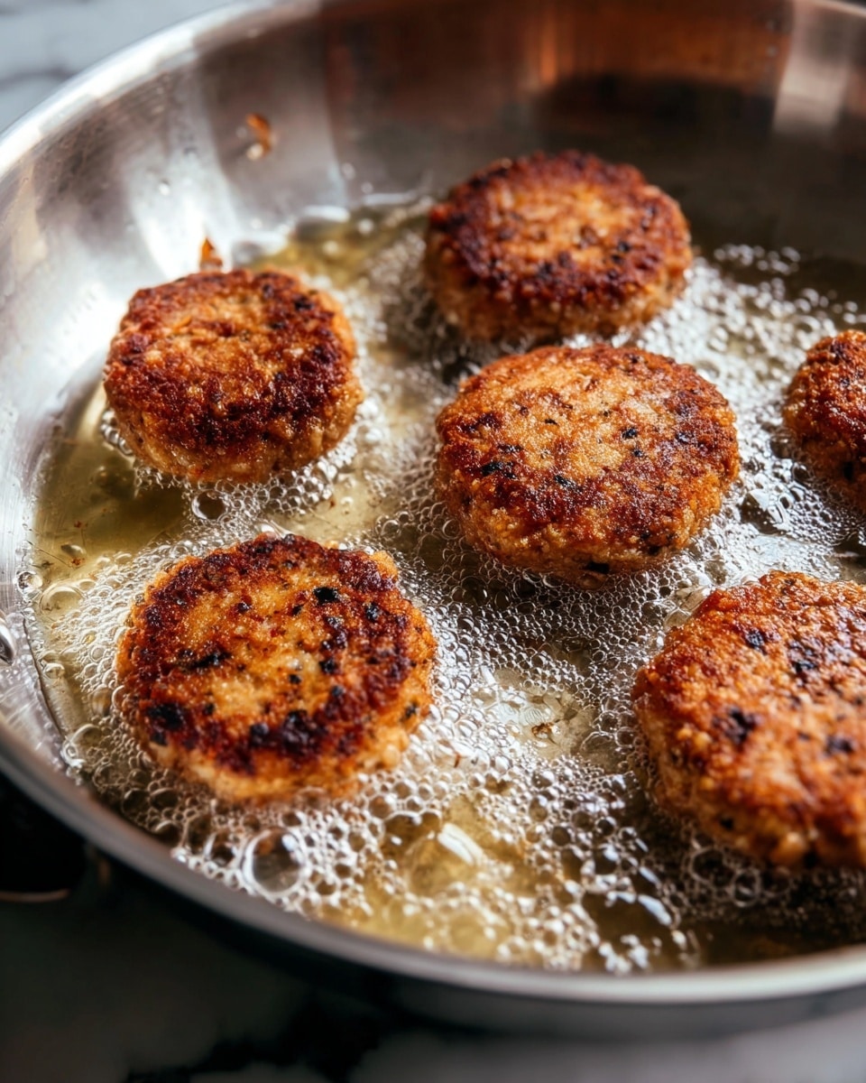 Five small round patties with a crispy, golden brown crust are cooking in a silver frying pan. Each patty shows a slightly rough texture with darker brown spots and small black specks, indicating seasoning or herbs. The patties are sizzling in bubbling oil at the bottom of the pan, with a shiny, wet surface around them reflecting light. The frying pan has a smooth, clean inner surface and a shiny metallic outer edge visible in the foreground. The scene is set against a white marbled textured background. Photo taken with an iphone --ar 4:5 --v 7