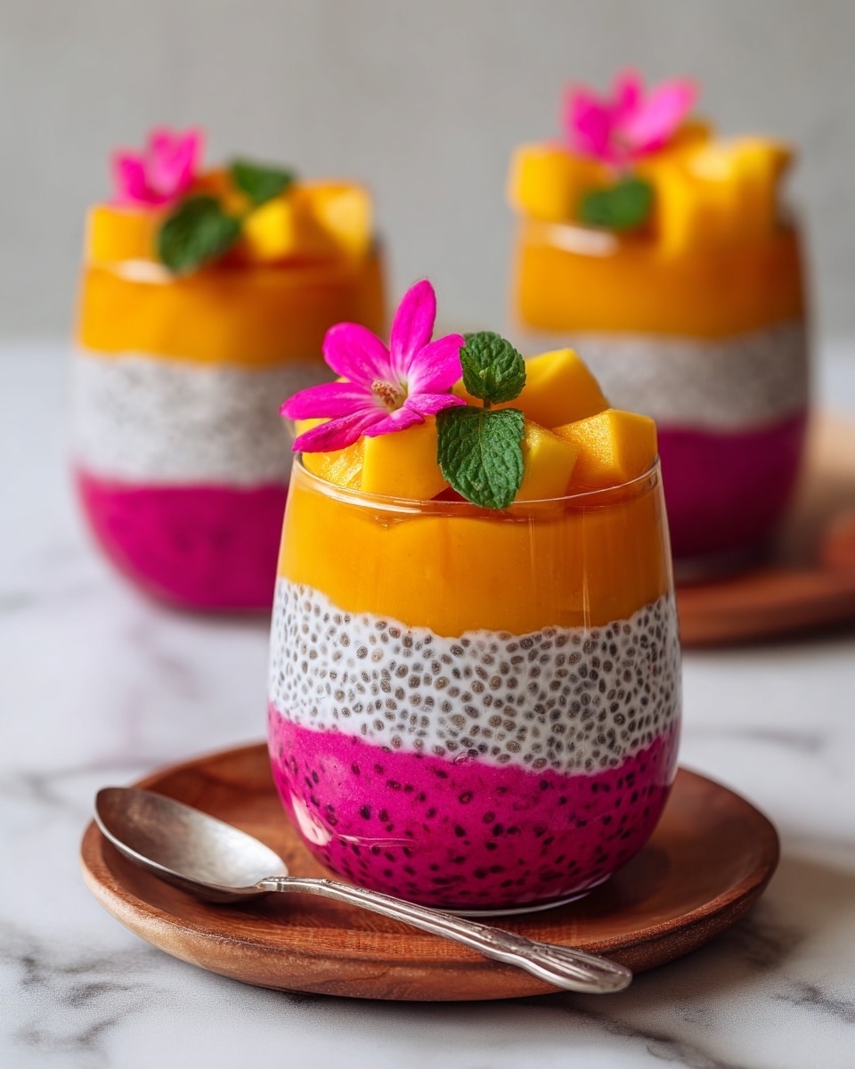 This image shows three clear glass cups filled with colorful layered desserts placed on a white marbled surface. Each cup has five layers: the bottom and third layers are bright pink with small black specks, followed by a thick white layer with small black seeds, a smooth bright orange layer above it, and topped with fresh chunky orange mango pieces. On top, there is a small purple flower and a green mint leaf for decoration. The closest cup is on a brown wooden plate with a silver spoon beside it. The background is softly blurred, and everything looks fresh and vibrant. Photo taken with an iphone --ar 4:5 --v 7
