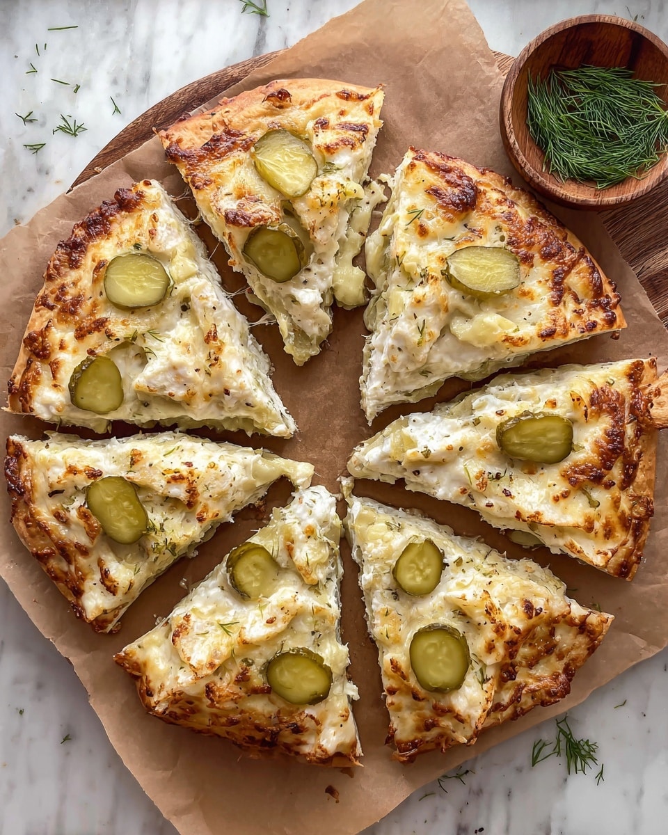 A thick slice of pizza resting on brown parchment paper set on a white marbled surface, showing three visible layers: a fluffy, light beige thick crust layer at the bottom with a soft and airy texture, a creamy white cheese and herb layer in the middle dotted with sprigs of green dill, and a golden brown, bubbly melted cheese layer on top with browned spots and a smooth, slightly stretchy texture. Around the slice are a few green pickle slices and some small bits of herbs, enhancing the look of freshness, photo taken with an iphone --ar 4:5 --v 7