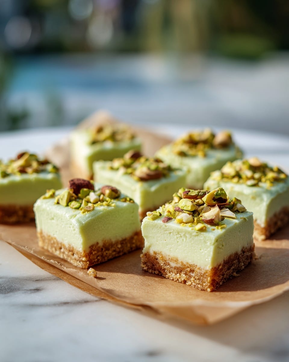 The image shows a close-up of six square pieces of a two-layer dessert placed on brown parchment paper on a tray. The bottom layer is thin and light brown with a crumbly texture, while the top layer is thick, smooth, and pale green. Each square is topped with small chunks of green and light brown nuts scattered unevenly. The background is blurred but looks like a white marbled surface and outside scenery. The photo is taken with an iphone --ar 4:5 --v 7