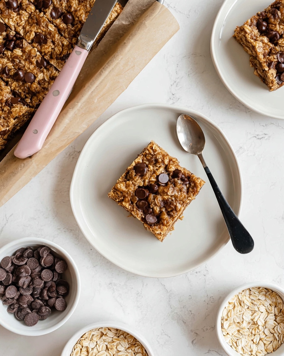 The image shows a square oatmeal chocolate chip bar with a golden-brown color and visible oats on top, scattered with melted and whole dark chocolate chips; it is placed in the center of a white plate with a black-handled spoon beside it on the right. Above to the right, there is another white plate with a similar oatmeal chocolate chip bar piece. To the left, part of a baking tray lined with parchment paper holds the rest of the oatmeal bars, with a knife that has a pale pink handle resting on the parchment. There are two white bowls on the bottom left and right, one filled with raw oats and the other with chocolate chips. The whole setup is on a white marbled surface. photo taken with an iphone --ar 4:5 --v 7