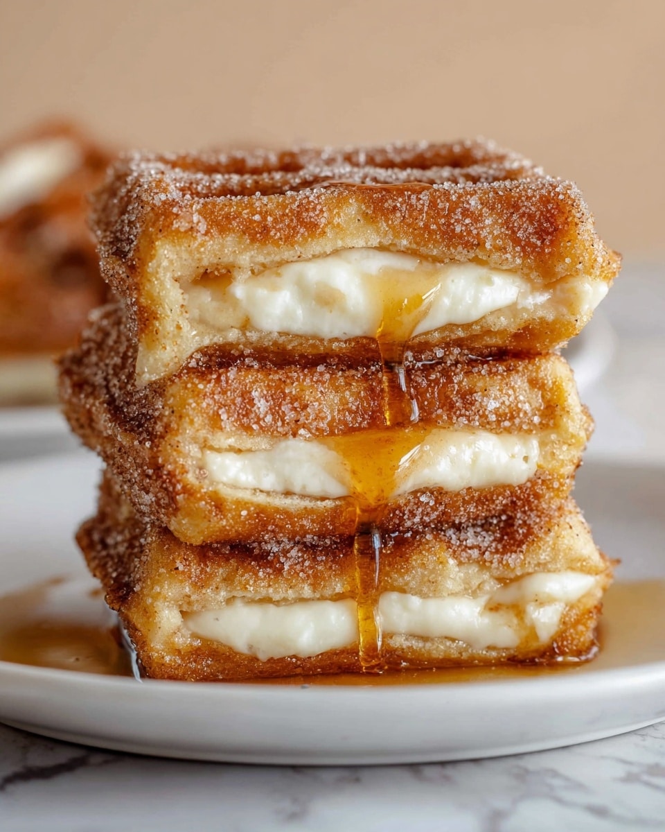 A stack of three square-shaped pastries sits on a white plate over a white marbled surface. Each pastry has two golden-brown, cinnamon-sugar coated layers on top and bottom, with a middle layer of smooth white cream filling. The pastries have a crisp and slightly textured look from the cinnamon sugar, and glossy amber syrup drips down the sides, pooling slightly on the plate below. The close-up view highlights the flaky edges and soft cream center in warm, natural light. Photo taken with an iphone --ar 4:5 --v 7