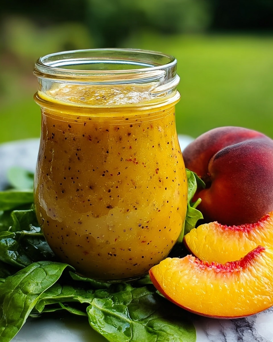 A small round glass jar filled with thick orange-yellow sauce dotted with many small black seeds, placed in the center of a white plate. Around the jar, there are fresh green leafy herbs and bright peach slices with red and yellow skin. The background is soft and out of focus, showing natural green colors and a white marbled surface. The image has bright natural light highlighting the smooth texture of the sauce and the fresh ingredients photo taken with an iphone --ar 4:5 --v 7
