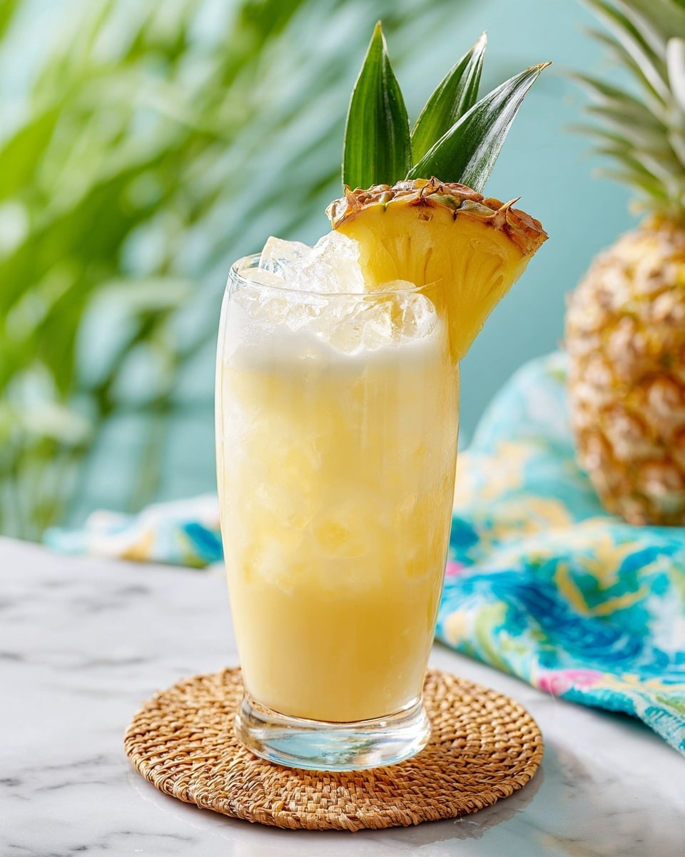 A tall clear glass filled with light yellow drink layered with small pieces of ice, topped with a triangular yellow pineapple wedge with greenish-brown tips resting on the rim. The glass sits on a round woven coaster on a white marbled surface. In the blurred background, there is a bright blue cloth with green, yellow, and black patterns. Photo taken with an iphone --ar 4:5 --v 7