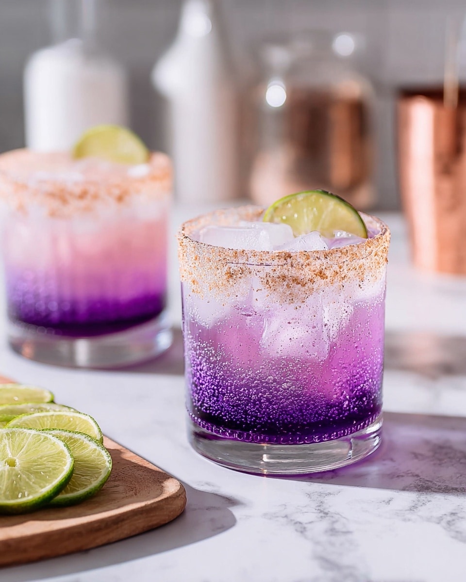 Two drinks in clear textured glasses sit on a white marbled surface. Each glass has three visible layers: the bottom is a light pink, almost white color; the middle is a soft gradient mixing pink into purple; the top is a bright purple with ice cubes floating. The rims of the glasses are coated with a grainy, light brown spice and each glass is garnished with a fresh green lime slice placed on the rim. In the background, a wooden board holds more lime slices, and out of focus, there is a copper cup and white containers. The photo is taken with an iphone --ar 4:5 --v 7