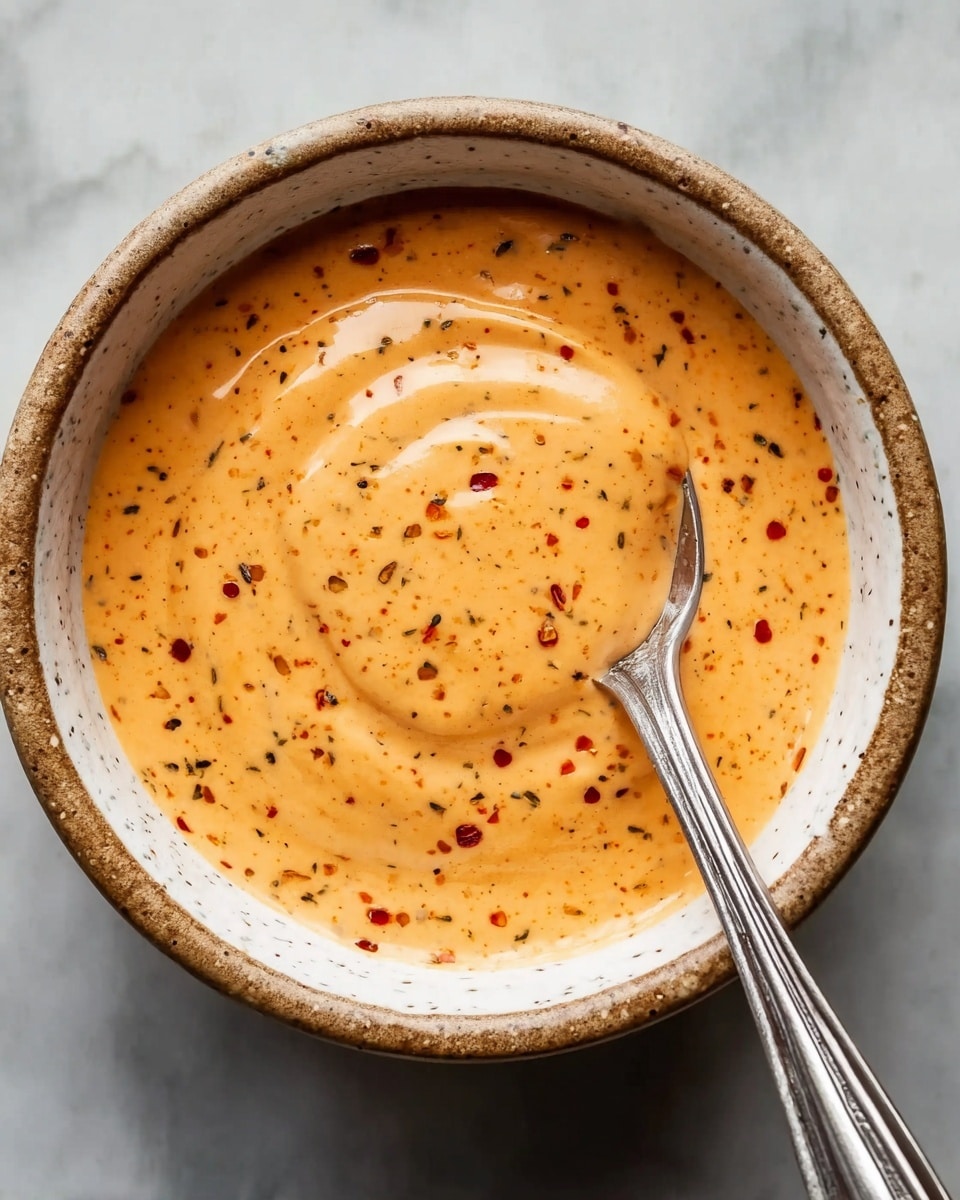 A close-up view of creamy orange sauce with small red and black specks swirled smoothly in a white bowl with brown speckled edges, a silver spoon resting on the right side slightly dipped into the sauce, all placed on a white marbled surface photo taken with an iphone --ar 4:5 --v 7