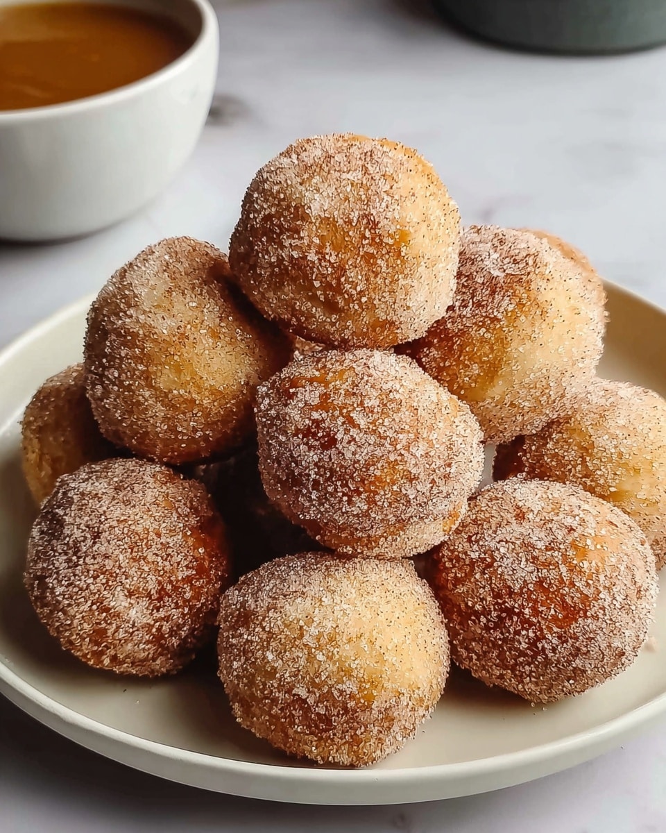 A round white plate holds a pile of about a dozen small, round doughnut holes, each covered with a sandy coating of fine sugar and cinnamon, giving them a light brown and sugar-speckled look. The doughnuts are stacked unevenly, showing their soft texture and light golden color underneath the sugar. The plate sits on a white marbled surface with soft natural light highlighting the texture of sugar grains and the doughnuts’ slightly porous outer skin. Part of a white bowl filled with a caramel-colored sauce is seen blurred in the top left background. Photo taken with an iphone --ar 4:5 --v 7