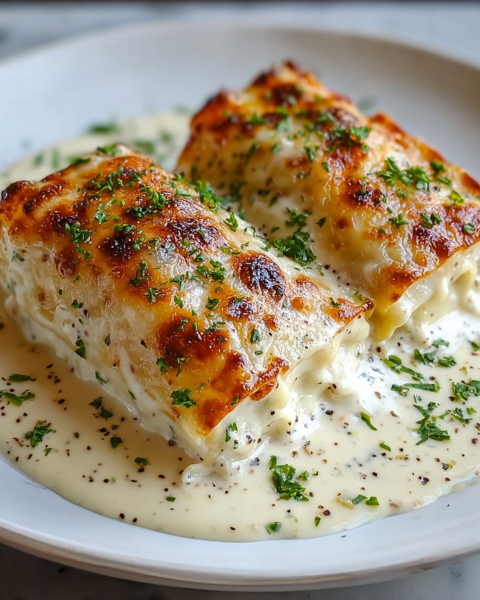 Two thick rolls of creamy white lasagna are placed side by side on a white plate, each with a golden-brown top layer showing toasted spots and slight charring. The creamy sauce, speckled with black pepper and green parsley, covers the rolls and pools lightly around their base. Bits of finely chopped green herbs are sprinkled over the top and the sauce, adding a fresh touch. The plate rests on a white marbled surface. photo taken with an iphone --ar 4:5 --v 7