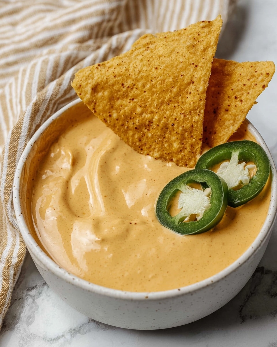 A close-up view of a brown-edged white bowl filled with a smooth, creamy light brown dip that looks thick and swirled gently on the surface, topped with three small, bright green sliced jalapeños placed in the center; the bowl is sitting on a soft beige and white striped cloth, all set against a white marbled surface photo taken with an iphone --ar 4:5 --v 7
