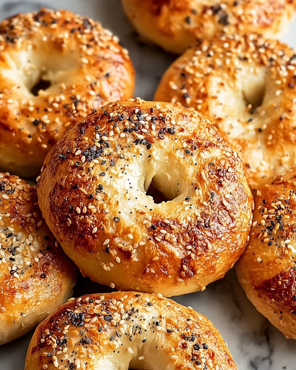 The image shows several golden brown bagels close together. Each bagel has a shiny, slightly rough crust with small bubbles and is sprinkled with light-colored sesame seeds and small, dark poppy seeds on top. The bagels have a classic round shape with a hole in the middle and a bumpy texture on the surface that looks crispy. The background is a soft focus with a white marbled texture barely visible, making the bagels the main focus. photo taken with an iphone --ar 4:5 --v 7