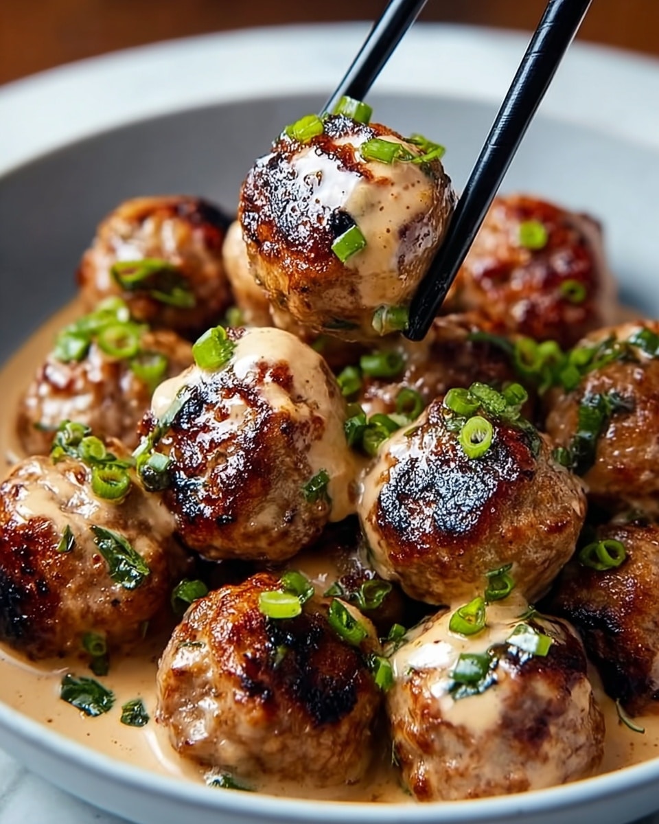 The image shows a white bowl filled with round, browned meatballs that have a slightly crispy, charred look on the surface. Each meatball is topped with a creamy light brown sauce that has a smooth texture and glistens under the light. Green chopped herbs, likely scallions, are sprinkled generously on top of both the meatballs and the sauce. A pair of black chopsticks is holding one meatball above the bowl, showing the meatball covered with sauce and herbs. The background and surface are a white marbled texture. Photo taken with an iphone --ar 4:5 --v 7