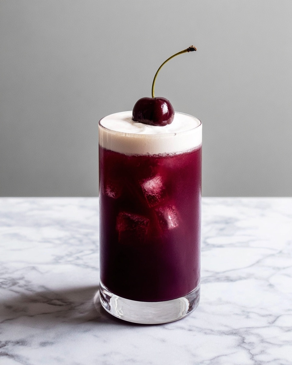 A tall clear glass with two layers: the bottom layer is a deep dark purple liquid with a few ice cubes inside, and the top layer is thick white foam covering the surface. On top of the foam, there is one shiny red cherry with a greenish stem resting near the side. The glass sits on a white marbled surface with a plain light gray background. Photo taken with an iphone --ar 4:5 --v 7