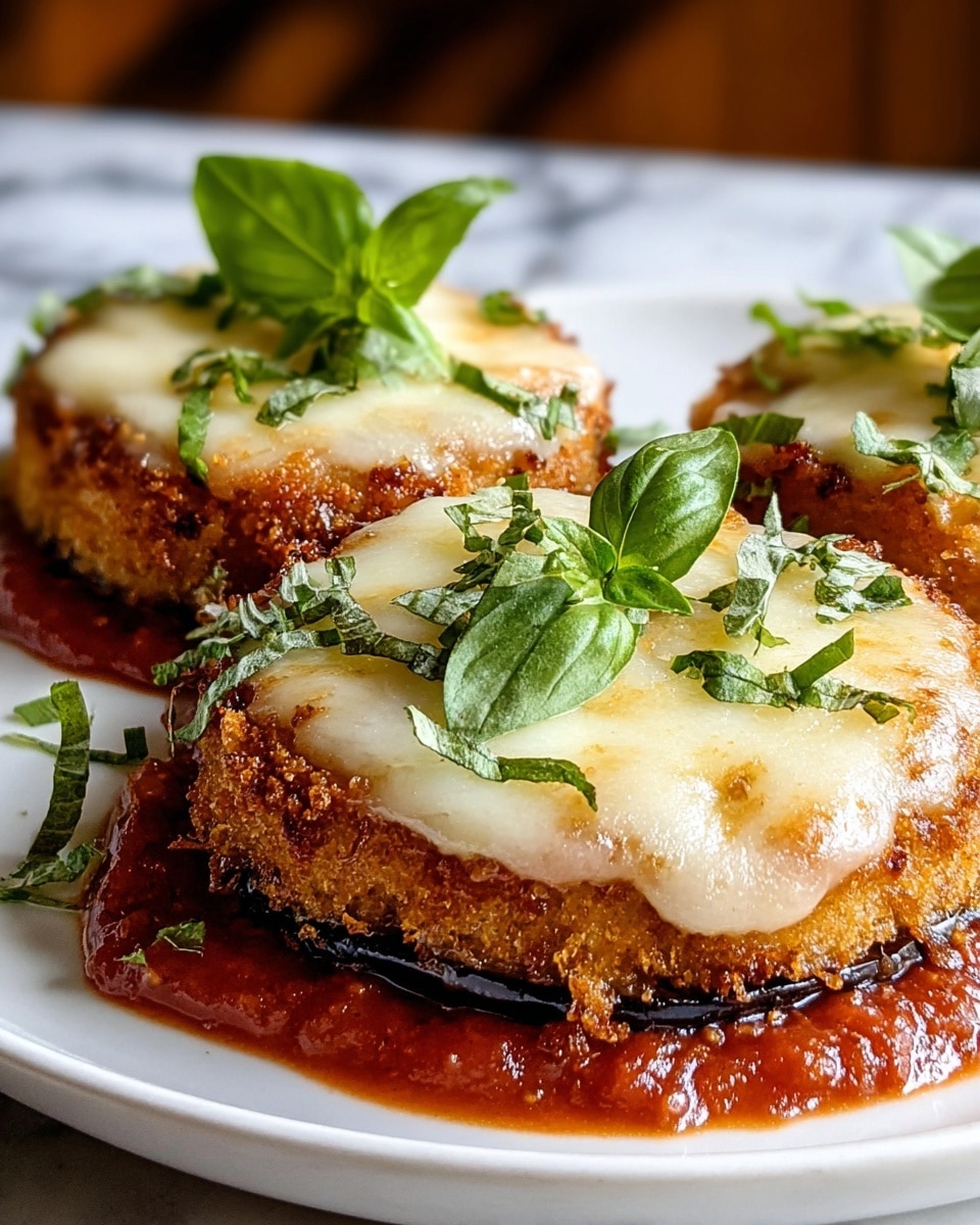 There are three round pieces of golden brown crispy fried eggplant sitting on a white plate with a red sauce underneath each one. Each eggplant slice is topped with a thick layer of melted white cheese that slightly drapes over the edges, sprinkled with small pieces of green herbs and garnished with fresh green basil leaves on top. The plate is set on a surface with a white marbled texture. Photo taken with an iphone --ar 4:5 --v 7
