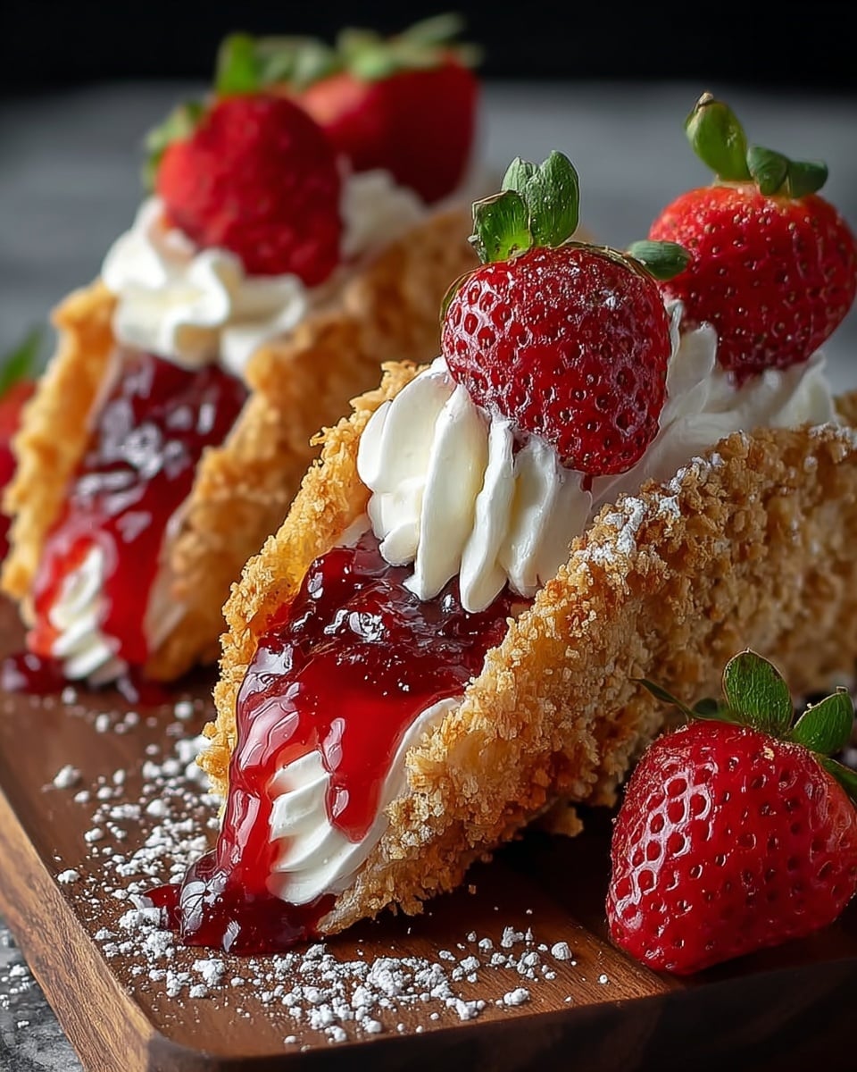 The image shows two taco-shaped desserts placed on a dark wooden board with a white marbled surface underneath. Each taco shell has a rough, crumbly golden texture on the outside. Inside, the first layer is smooth white cream filling, topped with a thick layer of shiny, red strawberry sauce that drips slightly over the edges. On top of the sauce, there is a swirl of white whipped cream, crowned by a bright red, fresh strawberry half with green leaves still attached. Next to the tacos, a whole strawberry sits on the board, adding more vibrant red color to the scene. The background is blurred with red and green tones that hint at more strawberries. Photo taken with an iphone --ar 4:5 --v 7