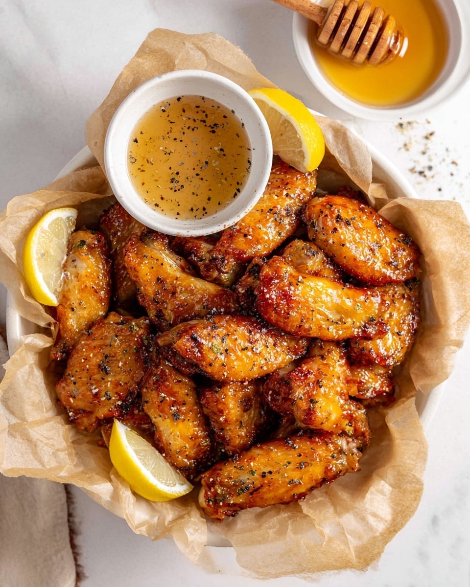 A close-up image shows a woman's hand holding a single golden-brown chicken wing with a shiny glaze and visible black pepper specks. In the background, there is a white plate lined with parchment paper filled with more glazed chicken wings and garnished with lemon wedges. At the back of the plate, a small white bowl contains a brown dipping sauce. The setting is on a white marbled surface. photo taken with an iphone --ar 4:5 --v 7