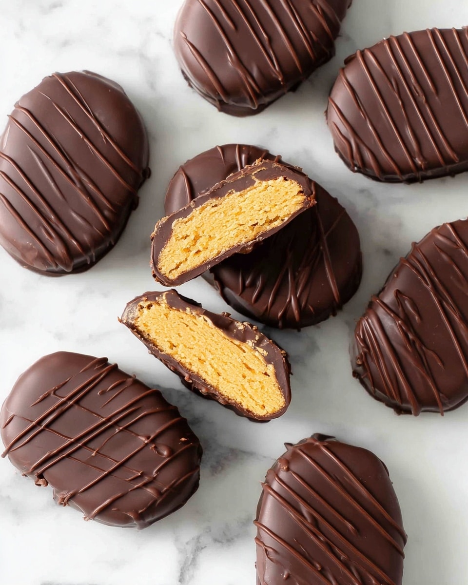 The image shows nine oval-shaped chocolate-covered treats placed on a white marbled surface. Each treat has a smooth, dark brown chocolate coating with thin chocolate drizzle lines on top for decoration. One treat is broken in half, revealing a dense, light golden yellow inner layer with a soft texture. The treats are evenly spaced, and the chocolate coating looks glossy and firm. The overall look is neat and appetizing. photo taken with an iphone --ar 4:5 --v 7