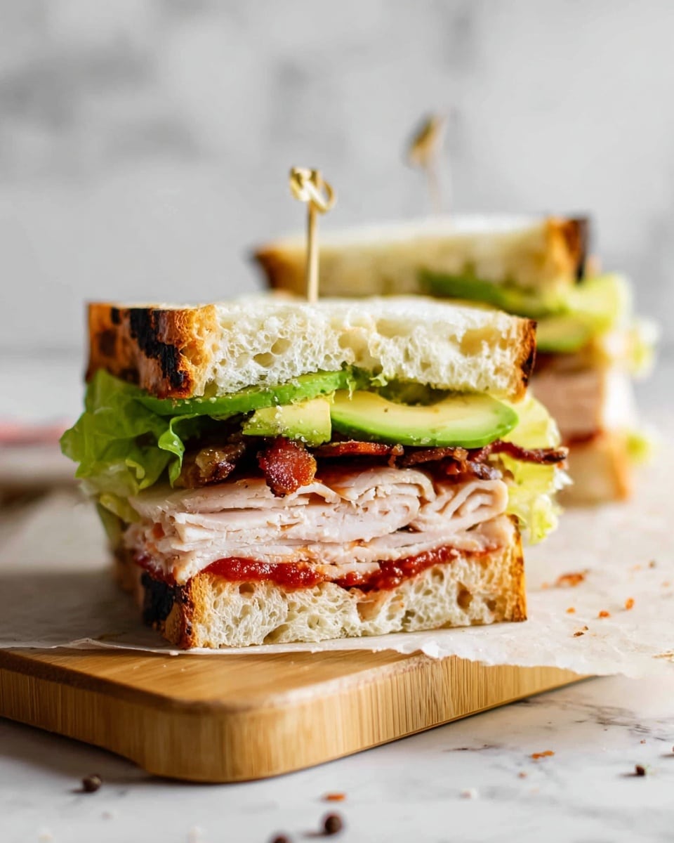 A sandwich made with two thick slices of rustic bread that have a dark, toasted crust and a soft, airy inside. Inside the sandwich, at the bottom, there are slices of light pink meat, topped with red sauce that slightly drips out. Above that, there is a layer of fresh, bright green romaine lettuce. The sandwich sits on a round white plate with some black specks, placed on a white marbled surface with a checkered black and white cloth nearby. In the background, there are two clear glasses of water and a wooden board holding more sandwiches. Photo taken with an iphone --ar 4:5 --v 7