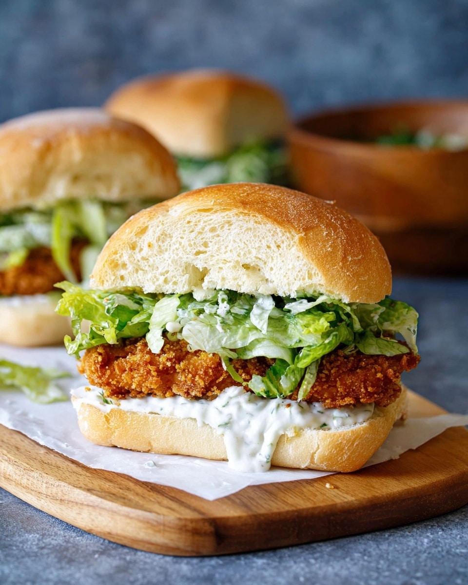 The image shows a sandwich sliced in half, placed on a wooden cutting board against a white marbled surface. The sandwich has three layers: the top and bottom are thick, soft white bread with a golden crust. Inside, there is a crispy, golden-brown fried chicken layer, topped with green leafy lettuce. On top of the lettuce, creamy white sauce drips down the sides of the chicken, giving a juicy and fresh look to the sandwich. The background is blurry and dark blue, helping the sandwich stand out clearly. Photo taken with an iphone --ar 4:5 --v 7