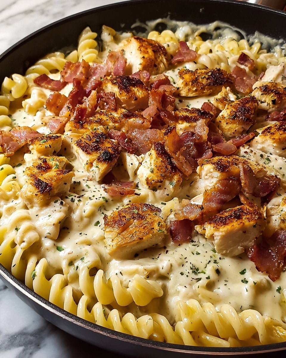 The image shows a close-up of a black pan filled with a creamy pasta dish. There are three main layers: a base of yellow rotini pasta with a smooth, creamy white sauce covering most of it, grilled pieces of golden-brown chicken scattered on top with a slight char texture, and crispy strips of reddish-brown bacon spread evenly, adding a crunchy texture. The dish is sprinkled with small green herb flakes and black pepper, giving contrast. The pan sits on a surface with a white marbled texture in the background. photo taken with an iphone --ar 4:5 --v 7