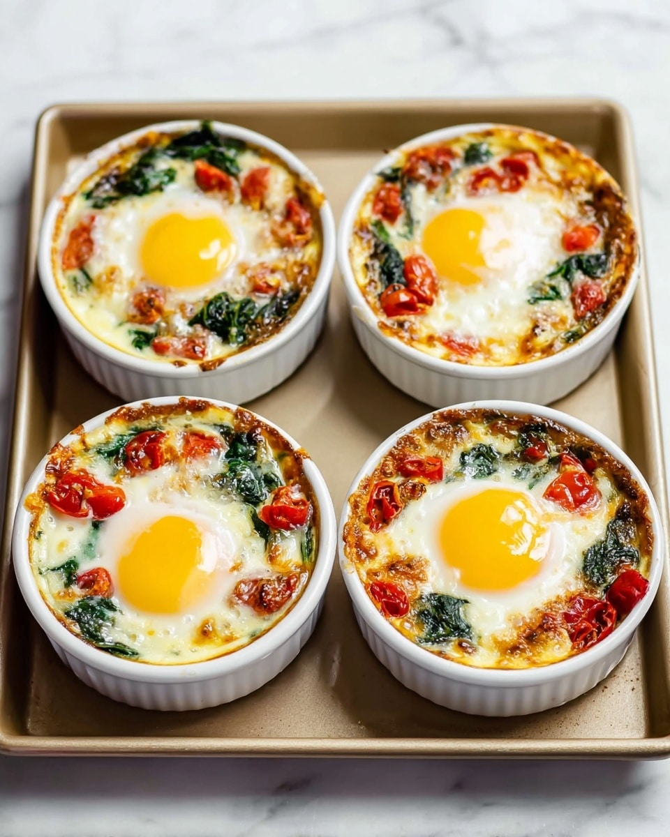 Four white round ceramic ramekins, each filled with a colorful baked dish, sit on a beige baking tray. Each ramekin holds a layer of cooked spinach and small tomatoes, mostly red and green, scattered across the dish, surrounded by soft cooked egg whites with a bright, pale yolk in the center, slightly glossy on top. The edges show golden brown and slightly crispy bits of the cooked mix. The background is a white marbled surface. photo taken with an iphone --ar 4:5 --v 7