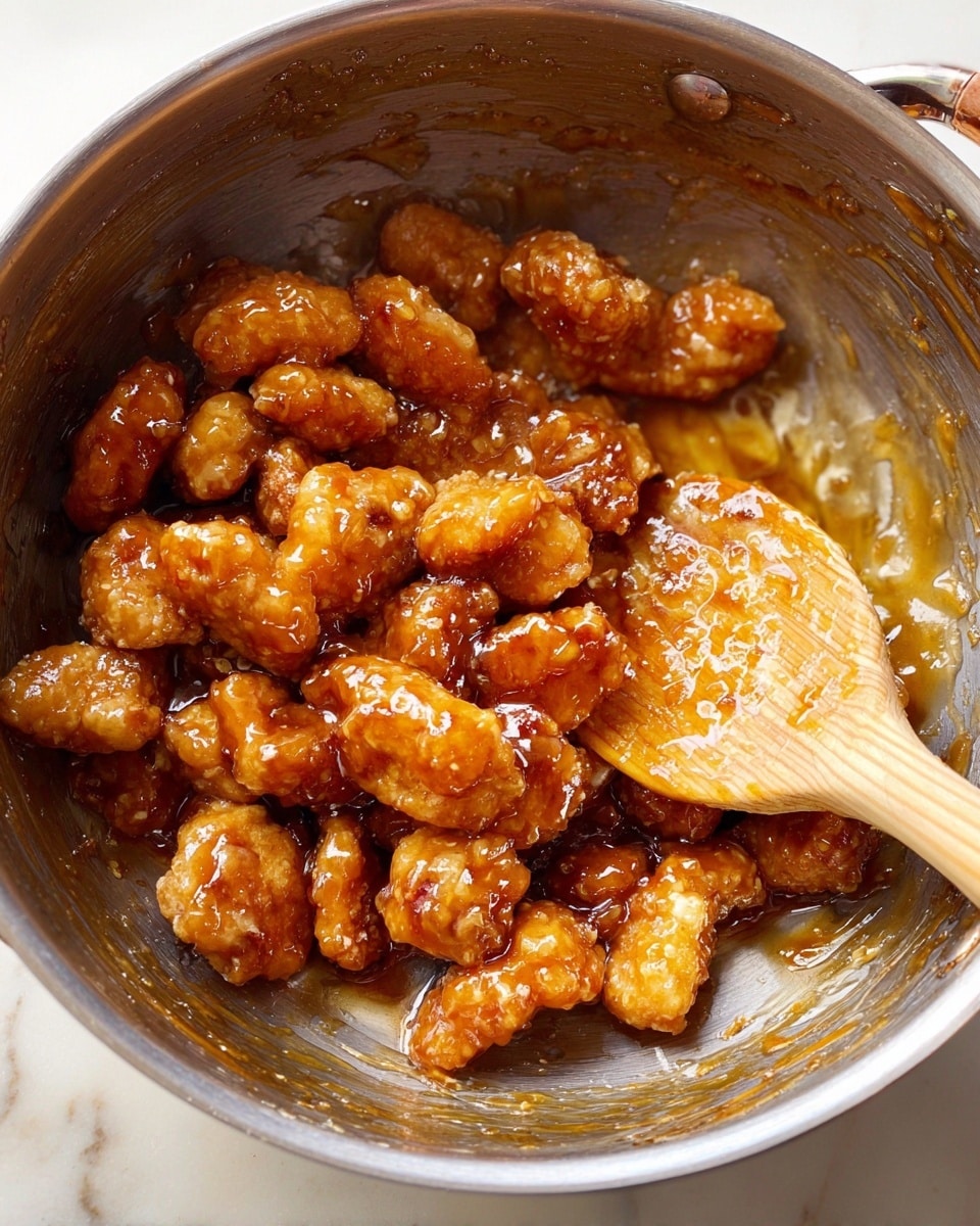 The image shows many pieces of fried chicken covered in a shiny, sticky brown sauce inside a silver metal pan. The fried chicken pieces are golden brown with a crispy texture, and the sauce gives them a glistening look with some darker spots from caramelization. A wooden spoon rests inside the pan on the right side, partially coated with the sauce. The background surface has a white marbled texture. photo taken with an iphone --ar 4:5 --v 7