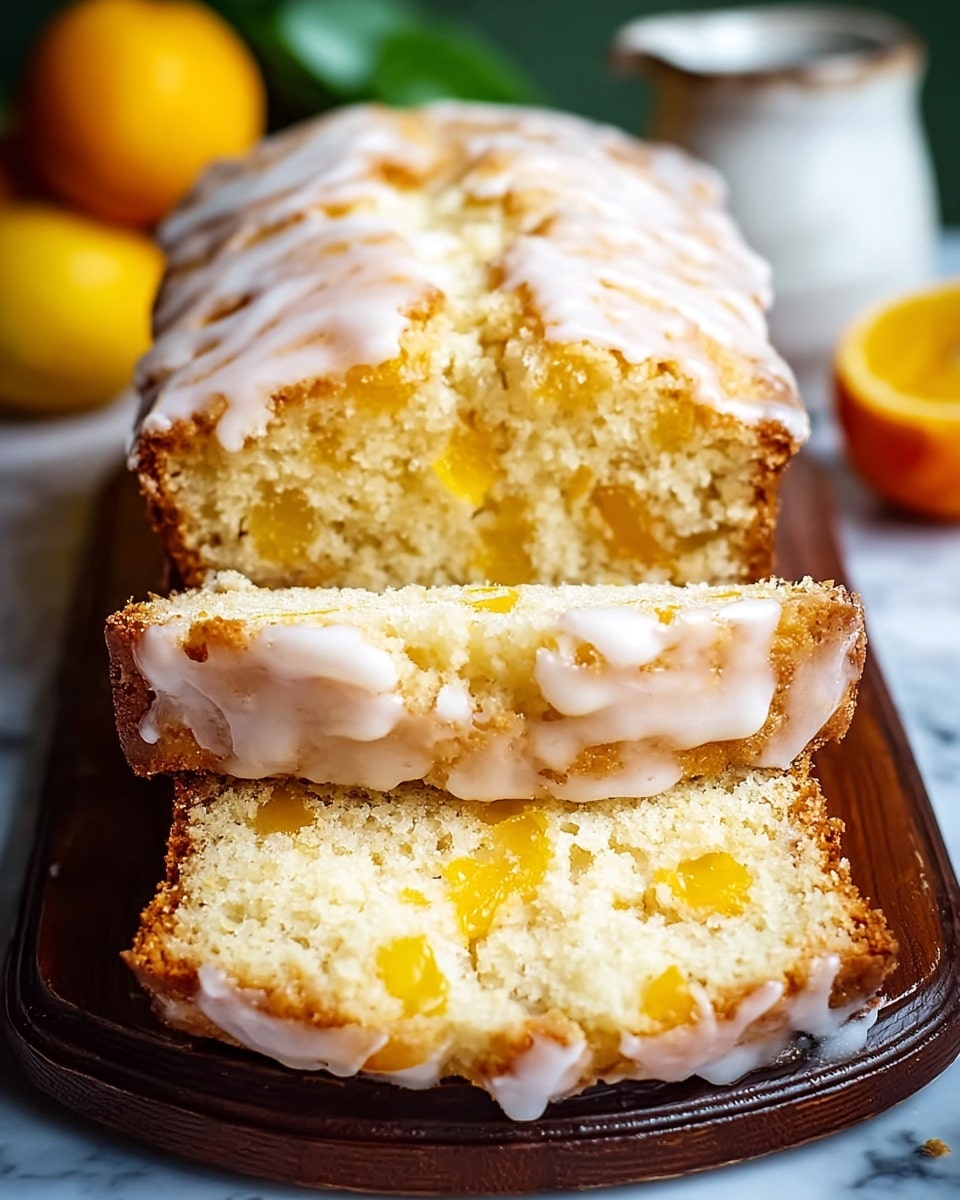 The image shows a close-up of a soft loaf cake with two thick slices cut from the front. The cake is light golden brown with a crumbly texture and scattered bright yellow fruit pieces inside. The top is covered with a shiny white glaze that drips slightly down the sides, making the surface look moist and sweet. The cake sits on a dark wooden plate placed on a white marbled surface, with blurred yellow and orange fruits and a white jug in the background. Photo taken with an iphone --ar 4:5 --v 7