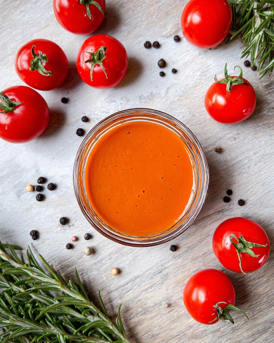 A small clear glass bowl filled with smooth, bright orange sauce is placed in the center of the image. Around the bowl are fresh, shiny red cherry tomatoes with green stems, scattered evenly. Small black peppercorns are sprinkled around the bowl and tomatoes. In the lower right corner, there is a small bunch of green rosemary sprigs. The whole scene is set on a white marbled textured surface. Photo taken with an iphone --ar 4:5 --v 7