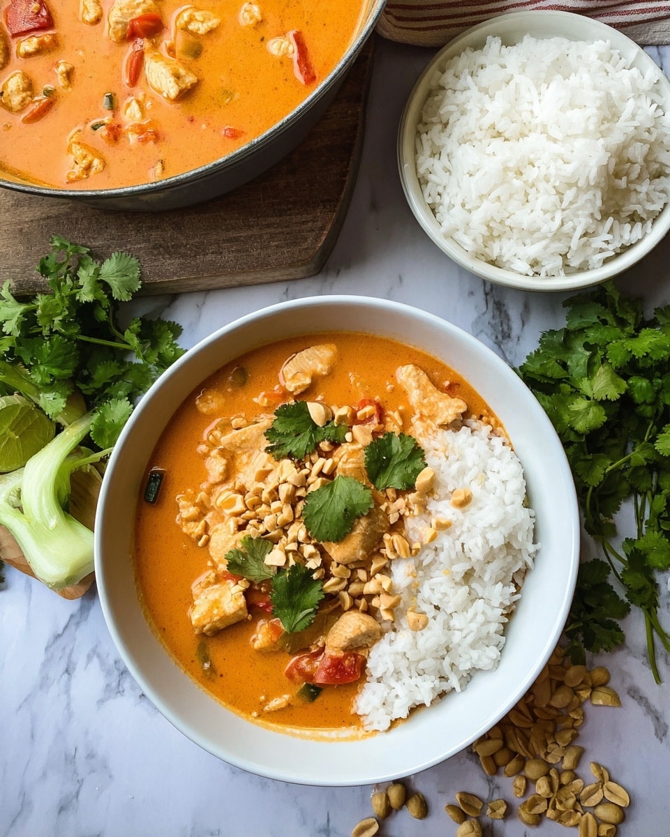 A white bowl filled halfway with creamy orange curry that contains chunks of white meat and pieces of red and green vegetables, topped with crushed peanuts and green cilantro leaves; the other half of the bowl is filled with fluffy white rice. Nearby, there is a white bowl of plain white rice, a bok choy wedge, and scattered peanuts lying on a white marbled surface. A bunch of fresh green cilantro sits to the right of the bowl, and part of a pot filled with the same orange curry is seen at the top. photo taken with an iphone --ar 4:5 --v 7