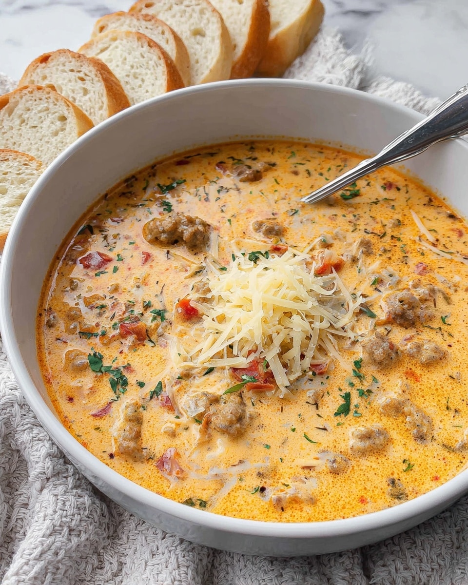 A deep white bowl filled with creamy soup showing three main layers: a bright orange creamy broth base with visible bits of white, green, and red from herbs and chopped vegetables spread throughout, medium brown chunks of sausage or meat mixed in, and a small pile of shredded pale yellow cheese at the center on top. The soup has a slightly thick texture with swirls of cream and herbs giving a speckled look; a silver spoon rests on the side inside the bowl. In the back, there are three slices of crusty bread with a light golden toasted color arranged on a white textured cloth. The setting is on a white marbled surface photo taken with an iphone --ar 4:5 --v 7