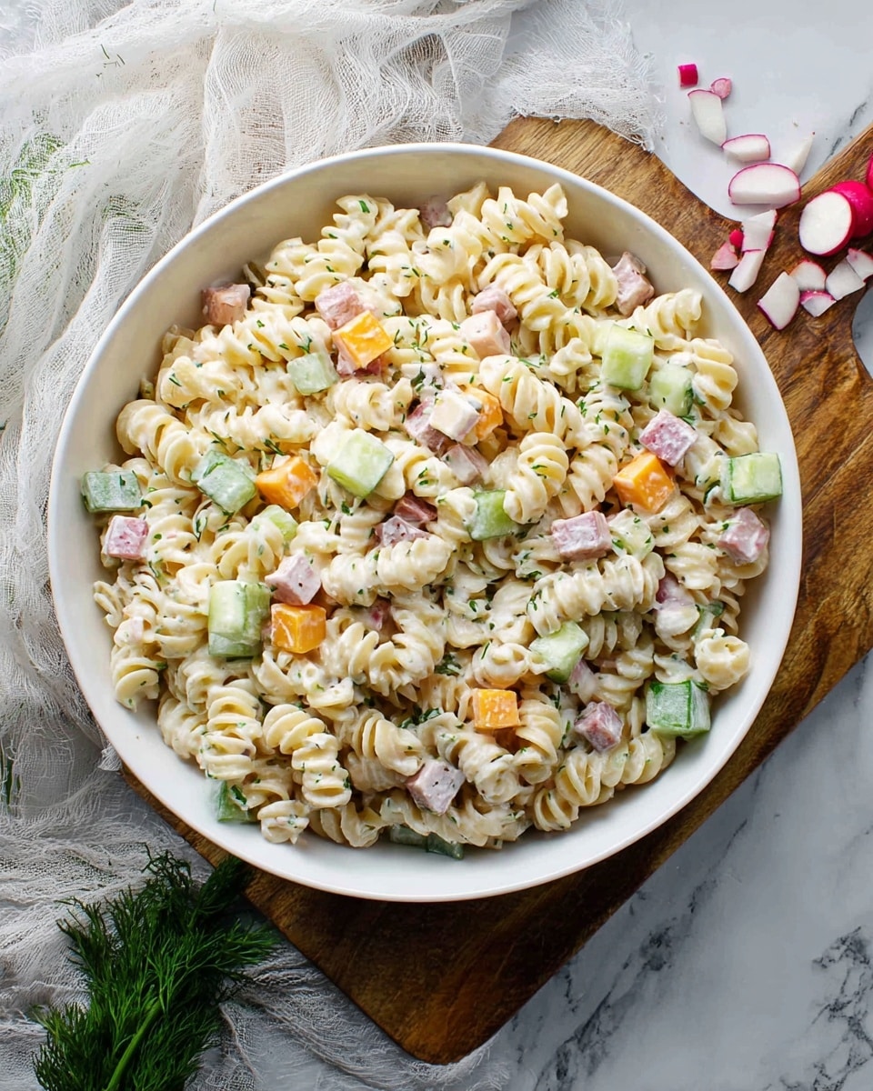 A close-up view of a white bowl filled with creamy pasta salad made of three layers: the base is a nest of curly cavatappi pasta in pale yellow, coated in a white creamy sauce with green herb specks; mixed within are small cubes of light orange cheese and pale green cucumber, adding color and texture; scattered pieces of pinkish ham and finely chopped herbs are spread throughout the dish, giving it a speckled look. A silver spoon rests inside the bowl, placed on a dark wooden board over a white marbled surface. Photo taken with an iphone --ar 4:5 --v 7