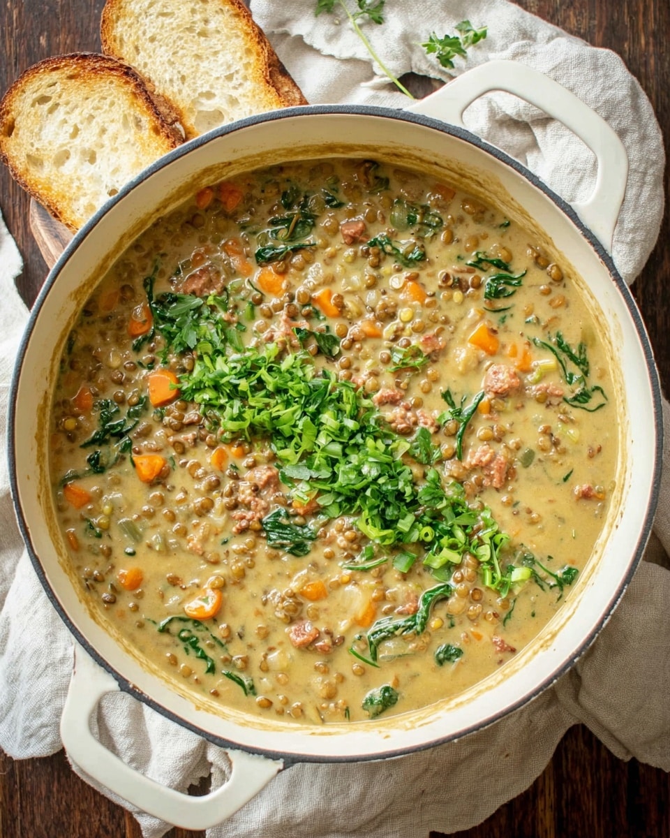 A large white pot filled with creamy lentil soup that has three visible layers: the base layer is a thick, light tan broth with small green lentils, bright orange carrot pieces, and brown bits of meat evenly spread throughout; the middle layer shows scattered dark green leafy spinach mixed in; on top, a neat row of finely chopped green onions and fresh cilantro sits in the center. The pot sits on a wooden table surface, with two slices of toasted bread behind it and a soft, white cloth loosely wrapped around the pot's handles. Photo taken with an iphone --ar 4:5 --v 7