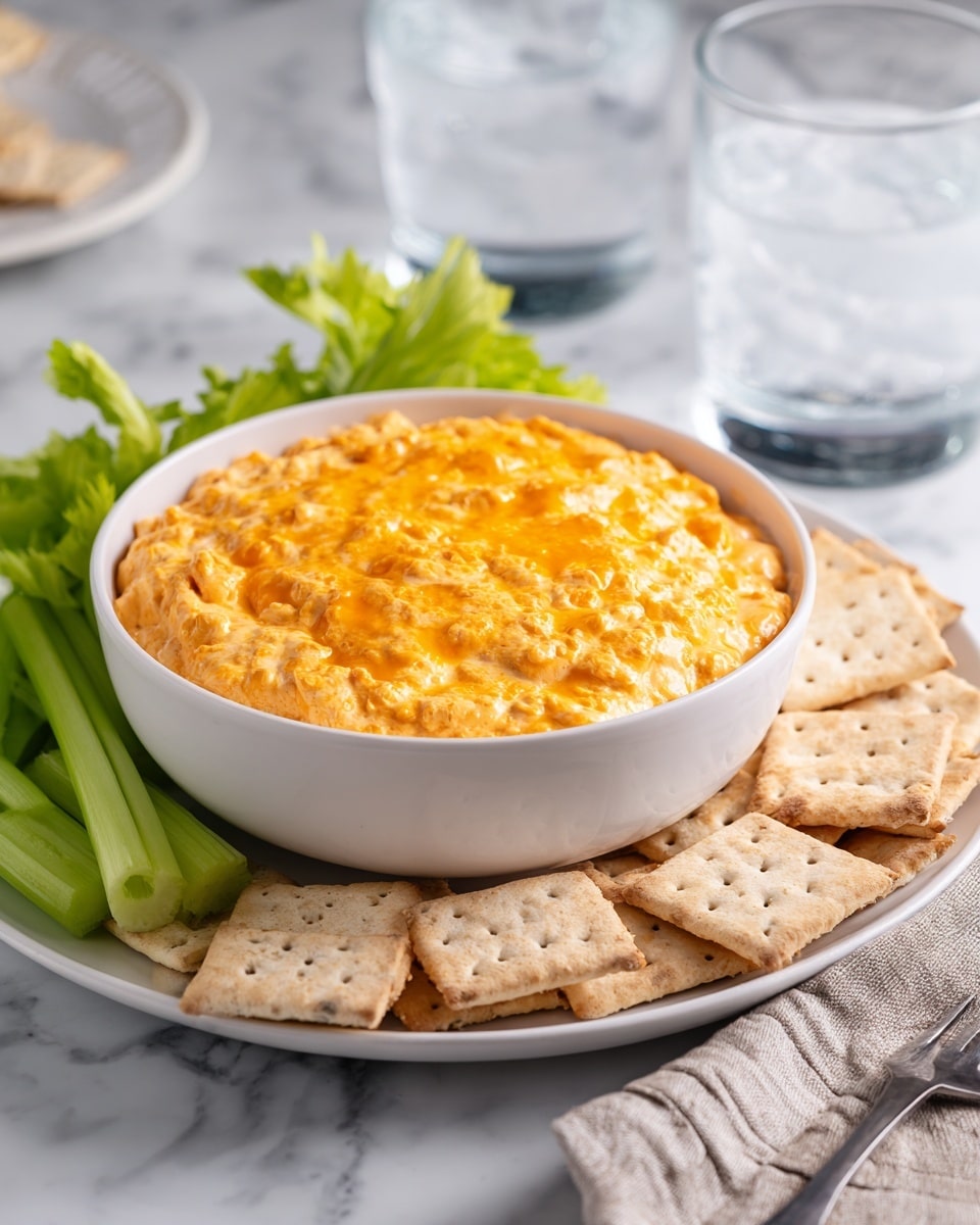 A white bowl is filled with a thick creamy mixture topped with melted bright orange cheese, creating a smooth, shiny layer. The bowl sits on a white plate surrounded by square beige crackers with small holes, and fresh celery sticks with leafy green tops. A woman's hand is dipping one cracker into the cheesy mix, lifting it slightly. The background has a white marbled surface with two clear glasses filled with water nearby, adding a fresh and clean look. photo taken with an iphone --ar 4:5 --v 7